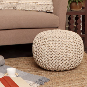 · REDEARTH · Round Pouf Ottoman - Cable Knitted Boho Poof - Home Décor Cord Pouffe Handmade Circular Footrest for Living Room - Bedroom - Kids Bedroom - 100% Cotton Pouf (18"x18"x14") - Ivory