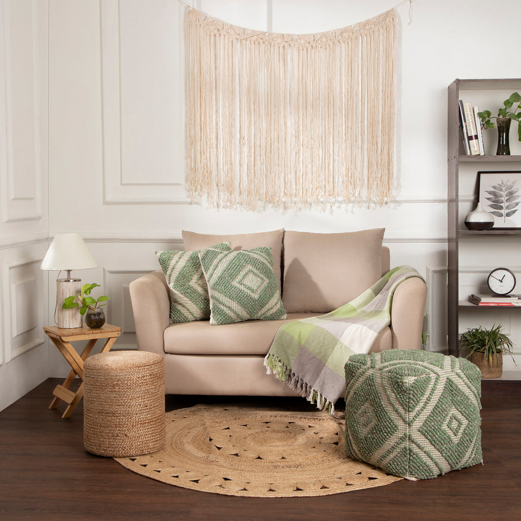· REDEARTH · Tufted Pouf Ottoman with Filler Textured Storage Cube Bean Bag Pouffe Footrest for Living Room, Bedroom, Nursery, Kidsroom; 100% Cotton (17.5"X17.5"X17.5", Solitaire Lozenge Kiwi)
