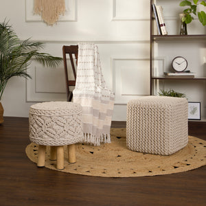 · REDEARTH · Square Pouf Ottoman Foot Stool - Hand Knitted Bean Bag - Cord Boho Pouffe - Accent Poof for Living Room - Nursery - Bedroom - Kids Bedroom - Patio (16" x 16" x 16") - Ivory, Set of 2