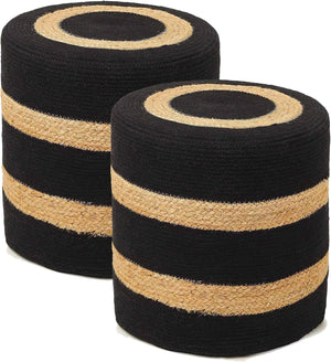 REDEARTH · Cylindrical Pouf Foot Stool Ottoman - Jute Braided Pouffe Poof Accent Sitting Footrest for Living Room, Bedroom, Nursery, Patio, Lounge - Set of 2 (14.5”x14.5”x16”; Black Natural)