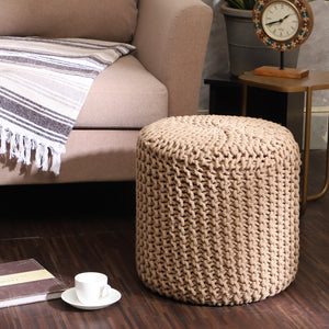 · REDEARTH · Cylindrical Hand Knitted Pouf - Foot Stool Ottoman - Cord Boho Pouffe - Cotton Round Poof for Home Decor - Living Room - Nursery - Bedroom - Patio (16" x 16" x 16") - Beige, Set of 2