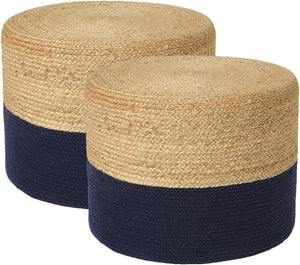 · REDEARTH · Cylindrical Pouf Foot Stool Ottoman - Jute Braided Pouffe Poof Accent Sitting Footrest for Living Room, Bedroom, Nursery, Patio, Lounge & Other Rooms (Navy Natural , 18"x18"x14") Set of 2