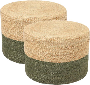 · REDEARTH · Cylindrical Pouf Foot Stool Ottoman - Jute Braided Pouffe Poof Accent Sitting Footrest for Living Room, Bedroom, Nursery, Patio, Lounge & Other Rooms (Natural Olive, 18"x18"x14") Set of 2