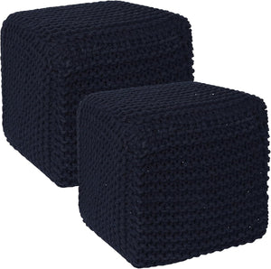 · REDEARTH · Square Hand Knitted Pouf - Foot Stool Ottoman Coffee Table - Cotton Cord Boho Pouffe - Poof Accent Footrest for Living Room - Bedroom - Library (16" x 16" x 16") - Navy Blue, Set of 2