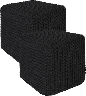 · REDEARTH · Cube Pouf Foot Stool Ottoman - Hand Knitted Poof - Cord Boho Pouffe - Home Décor - Stuffed Footrest for Living Room - Bedroom - Covered Patio (16" x 16" x 16") - Black, Set of 2