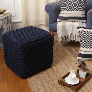 · REDEARTH · Square Hand Knitted Pouf - Foot Stool Ottoman Coffee Table - Cotton Cord Boho Pouffe - Poof Accent Footrest for Living Room - Bedroom - Library (16" x 16" x 16") - Navy Blue, Set of 2