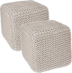 · REDEARTH · Square Pouf Ottoman Foot Stool - Hand Knitted Bean Bag - Cord Boho Pouffe - Accent Poof for Living Room - Nursery - Bedroom - Kids Bedroom - Patio (16" x 16" x 16") - Ivory, Set of 2
