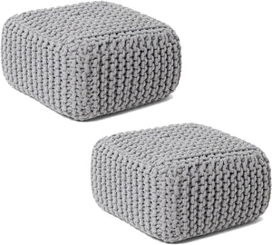 · REDEARTH · Cube Low Pouf Foot Stool Ottoman - Hand Knitted Poof - Cord Boho Pouffe - Home Décor - Stuffed Footrest for Living Room - Nursery - Bedroom - Patio (16" x 16" x 8") - Light Gray, Set of 2