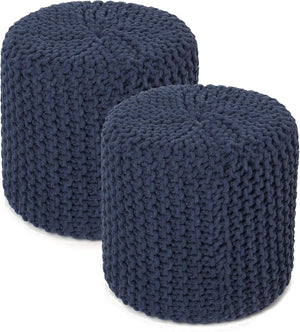 · REDEARTH · Cylindrical Hand Knitted Pouf - Foot Stool Ottoman - Cord Boho Pouffe - Cotton Round for Home Decor - Living Room - Nursery - Bedroom - Lounge (16" x 16" x 16") - Navy Blue, Set of 2