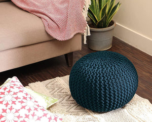 · REDEARTH · Round Pouf Foot Stool Bean Bag Ottoman - Hand Knitted Boho Pouffe - Home Decor Poof - Stuffed Foot Rest for Living Room - Nursery - Bedroom - Patio (19.5"x19.5"x14") - Teal, Set of 2