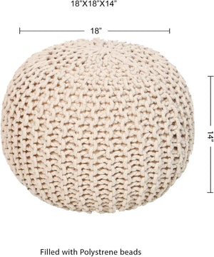 · REDEARTH · Round Pouf Ottoman - Hand Knitted Cable Boho Poof Home Décor Pouffe Circular Footrest for Living Room - Nursery - Bedroom - Lounge 100% Cotton (18”x18”x14”) - Ivory, Set of 2