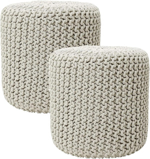 · REDEARTH · Cylindrical Hand Knitted Pouf - Foot Stool Ottoman - Cord Boho Pouffe - Cotton Round Poof for Home Decor - Living Room - Nursery - Bedroom - Patio (16" x 16" x 16") - Ivory, Set of 2