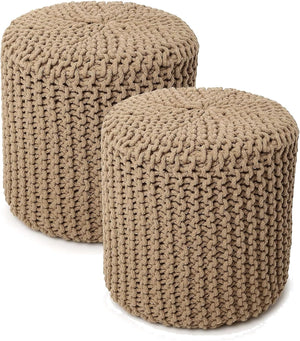 · REDEARTH · Cylindrical Hand Knitted Pouf - Foot Stool Ottoman - Cord Boho Pouffe - Cotton Round Poof for Home Decor - Living Room - Nursery - Bedroom - Patio (16" x 16" x 16") - Beige, Set of 2