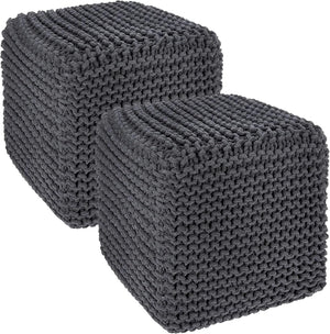 · REDEARTH · Cube Pouf Foot Stool Ottoman - Hand Knitted Poof - Cord Boho Pouffe - Home Décor - Stuffed Footrest for Living Room - Bedroom - Nursery (16" x 16" x 16") - Dark Gray, Set of 2