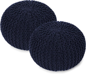 · REDEARTH · Round Pouf Foot Stool Bean Bag Ottoman - Cable Knitted Cord Boho Pouffe - Poof Accent Bean Bag - Handmade by Artisans for Living Room - Bedroom (19.5"x19.5"x14") - Navy Blue, Set of 2