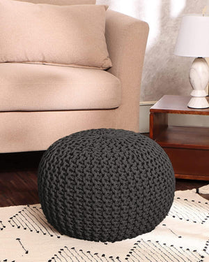 · REDEARTH · Round Pouf Foot Stool Ottoman - Cotton Hand Knitted Dori Pouffe - Cord Boho Home Décor - Stuffed Cable Poof for Living Room - Bedroom (19.5"x19.5"x14") - Dark Gray, Set of 2