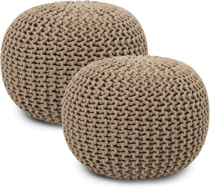 · REDEARTH · Round Pouf Ottoman - Hand Knitted Cable Boho Poof Home Décor Pouffe Circular Footrest for Living Room - Nursery - Bedroom - Lounge 100% Cotton (19.5”x19.5”x14”) - Beige, Set of 2