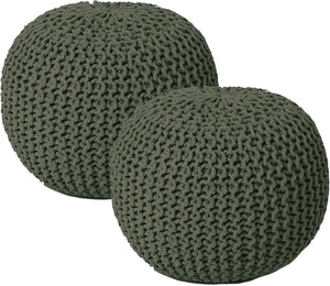 · REDEARTH · Round Hand Knitted Pouf - Foot Stool Bean Bag Ottoman - Cord Boho Pouffe - Poof Accent Beanbag Footrest for Living Room - Bedroom - Patio - Lounge (19.5"x19.5"x14") - Olive, Set of 2