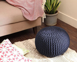 · REDEARTH · Round Pouf Foot Stool Bean Bag Ottoman - Cable Knitted Cord Boho Pouffe - Poof Accent Bean Bag - Handmade by Artisans for Living Room - Bedroom (19.5"x19.5"x14") - Navy Blue, Set of 2