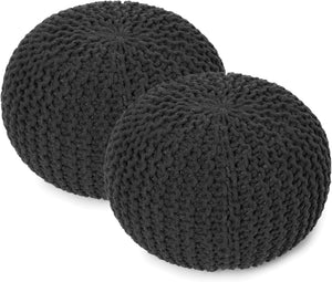 · REDEARTH · Round Pouf Foot Stool Ottoman - Cotton Hand Knitted Dori Pouffe - Cord Boho Home Décor - Stuffed Cable Poof for Living Room - Bedroom (19.5"x19.5"x14") - Dark Gray, Set of 2