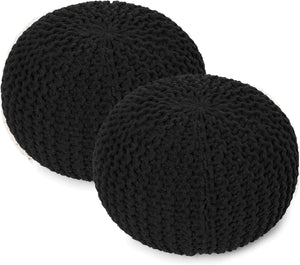 · REDEARTH · Round Pouf Ottoman - Hand Knitted Cable Boho Poof Home Décor Pouffe Circular Footrest for Living Room - Nursery - Bedroom - Lounge 100% Cotton (19.5"x19.5"x14") - Black, Set of 2