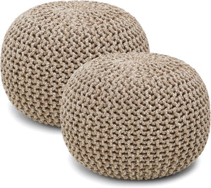 · REDEARTH · Round Pouf Ottoman - Hand Knitted Cable Boho Poof Home Décor Pouffe Circular Footrest for Living Room - Nursery - Bedroom - Lounge 100% Cotton (19.5"x19.5"x14") - Beige Ivory, Set of 2