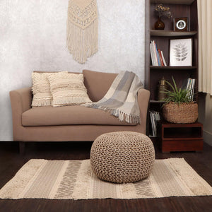 · REDEARTH · Round Pouf Ottoman - Hand Knitted Cable Boho Poof Home Décor Pouffe Circular Footrest for Living Room - Nursery - Bedroom - Lounge 100% Cotton (19.5"x19.5"x14") - Beige Ivory, Set of 2