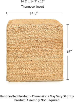 · REDEARTH · Cube Pouf Foot Stool Ottoman - Jute Braided Pouffe Poof Accent Sitting - Set of 2 Footrest for The Living Room, Bedroom, Nursery, Patio, Lounge, Office - 14.5”x14.5”x16” - Natural