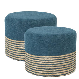 · REDEARTH · Cylindrical Pouf Foot Stool Ottoman - Jute Braided Pouffe Poof Accent Sitting Footrest for Living Room, Bedroom, Nursery, Patio, Lounge & Other Rooms (Teal Natural , 18"x18"x14") Set of 2