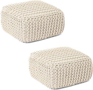 · REDEARTH · Cube Low Pouf Foot Stool Ottoman - Hand Knitted Poof - Cord Boho Pouffe - Home Décor - Stuffed Footrest for Living Room - Nursery - Bedroom - Patio (16" x 16" x 8") - Ivory, Set of 2