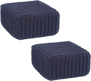 · REDEARTH · Cube Low Pouf Foot Stool Ottoman - Hand Knitted Poof - Cord Boho Pouffe - Home Décor - Stuffed Footrest for Living Room - Nursery - Bedroom - Patio (16" x 16" x 8") - Navy Blue, Set of 2