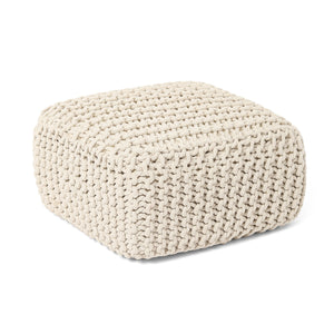 · REDEARTH · Cube Low Pouf Foot Stool Ottoman - Hand Knitted Poof - Cord Boho Pouffe - Home Décor - Stuffed Footrest for Living Room - Nursery - Bedroom - Covered Patio (16" x 16" x 8") - Ivory