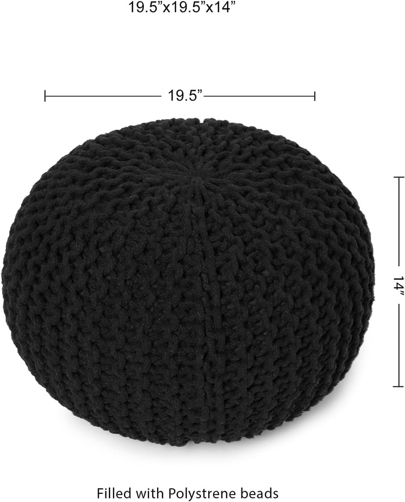 · REDEARTH · Round Pouf Foot Stool Ottoman -Hand Knitted Bean Bag, Cord Boho Pouffe, Cable Poof Accent Beanbag Chair Footrest for Living Room, Bedroom, Nursery, Patio, 100% Cotton (19.5”x19.5”x14”; Black)
