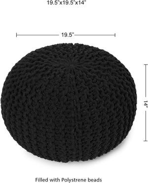 · REDEARTH · Round Pouf Foot Stool Ottoman -Hand Knitted Bean Bag, Cord Boho Pouffe, Cable Poof Accent Beanbag Chair Footrest for Living Room, Bedroom, Nursery, Patio, 100% Cotton (19.5”x19.5”x14”; Black)