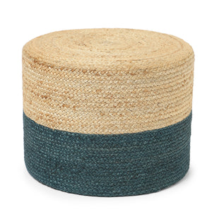 · REDEARTH · Cylindrical Pouf Foot Stool Ottoman - Jute Braided Pouffe Poof Accent Sitting Footrest for Living Room, Bedroom, Nursery, Patio, Lounge Set of 2 (Natural Teal, 18"x18"x14")