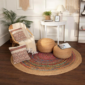 · REDEARTH · Jute Circular Low Pouf Ottoman - Braided Pouffe Accent Sitting Round Footrest for Living Room, Bedroom, Nursery, kidsroom, Patio, Gym; 100% Jute Set Of 2 (18"x18"x10"; Natural)