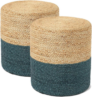 · REDEARTH · Cylindrical Pouf Foot Stool Ottoman - Jute Braided Pouffe Poof Accent Sitting Footrest for Living Room, Bedroom, Nursery, Patio, Lounge Set of 2 (Natural Teal, 14.5"x14.5"x16")