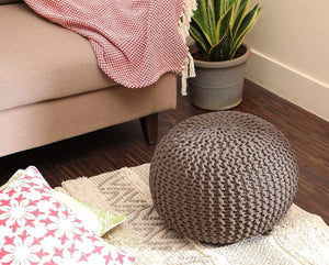 · REDEARTH · Round Pouf Foot Stool Bean Bag Ottoman - Hand Knitted Boho Pouffe - Home Decor Poof - Stuffed Foot Rest for Living Room - Nursery - Bedroom - Patio (19.5"x19.5"x14") - Taupe, Set of 2