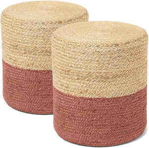 · REDEARTH · Cylindrical Pouf Foot Stool Ottoman - Jute Braided Pouffe Poof Accent Sitting Footrest for Living Room, Bedroom, Nursery, Patio, Lounge Set of 2 (Natural Rust, 14.5"x14.5"x16")