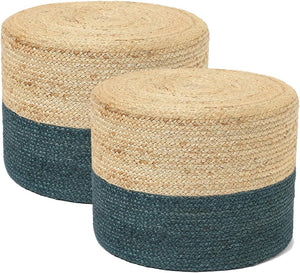 · REDEARTH · Cylindrical Pouf Foot Stool Ottoman - Jute Braided Pouffe Poof Accent Sitting Footrest for Living Room, Bedroom, Nursery, Patio, Lounge Set of 2 (Natural Teal, 18"x18"x14")