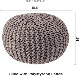 · REDEARTH · Round Pouf Foot Stool Bean Bag Ottoman - Hand Knitted Boho Pouffe - Home Decor Poof - Stuffed Foot Rest for Living Room - Nursery - Bedroom - Patio (19.5"x19.5"x14") - Taupe