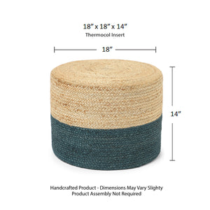 · REDEARTH · Cylindrical Pouf Foot Stool Ottoman - Jute Braided Pouffe Poof Accent Sitting Footrest for Living Room, Bedroom, Nursery, Patio, Lounge & Other Rooms (Natural Teal, 18"x18"x14")