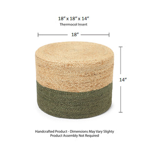 · REDEARTH · Cylindrical Pouf Foot Stool Ottoman - Jute Braided Pouffe Poof Accent Sitting Footrest for Living Room, Bedroom, Nursery, Patio, Lounge & Other Rooms (Natural Olive, 18"x18"x14")