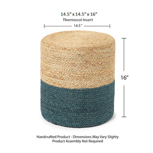 · REDEARTH · Cylindrical Pouf Foot Stool Ottoman - Jute Braided Pouffe Poof Accent Sitting Footrest for Living Room, Bedroom, Nursery, Patio, Lounge (Natural Teal, 14.5"x14.5"x16")