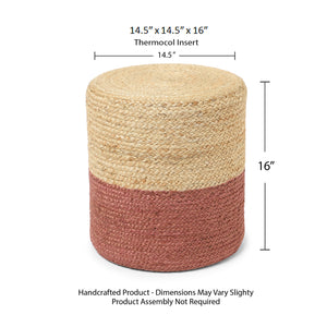 · REDEARTH · Cylindrical Pouf Foot Stool Ottoman - Jute Braided Pouffe Poof Accent Sitting Footrest for Living Room, Bedroom, Nursery, Patio, Lounge (Natural Rust, 14.5"x14.5"x16")