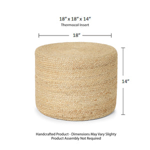 · REDEARTH · Cylindrical Pouf Foot Stool Ottoman - Jute Braided Pouffe Poof Accent Sitting Footrest for Living Room, Bedroom, Nursery, Patio, Lounge & Other Rooms (Natural, 18"x18"x14")