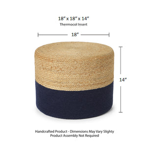 · REDEARTH · Cylindrical Pouf Foot Stool Ottoman - Jute Braided Pouffe Poof Accent Sitting Footrest for Living Room, Bedroom, Nursery, Patio, Lounge & Other Rooms (Navy Natural , 18"x18"x14")