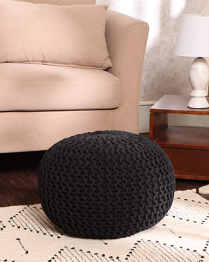 · REDEARTH · Round Pouf Ottoman - Hand Knitted Cable Boho Poof Home Décor Pouffe Circular Footrest for Living Room - Nursery - Bedroom - Lounge 100% Cotton (19.5"x19.5"x14") - Black, Set of 2