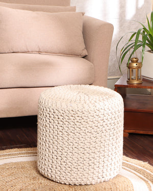 · REDEARTH · Cylindrical Hand Knitted Pouf - Foot Stool Ottoman - Cord Boho Pouffe - Cotton Round Poof for Home Decor - Living Room - Nursery - Bedroom - Patio (16" x 16" x 16") - Ivory, Set of 2