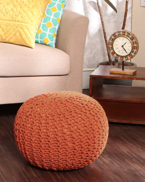 · REDEARTH · Round Pouf Ottoman - Hand Knitted Cable Boho Poof - Pouffe Circular Footrest for Living Room - Bedroom - Patio - 100% Cotton (19.5"x19.5"x14") - Burnt Orange, Set of 2
